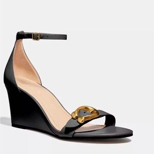 *Coach Black Leather Wedge Sandal with Gold Buckle